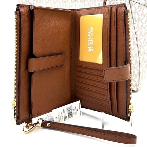 Michael Kors Large Chain Shoulder Bag & Double Zip Wallet Set Vanilla/Luggage - Picture 11 of 14